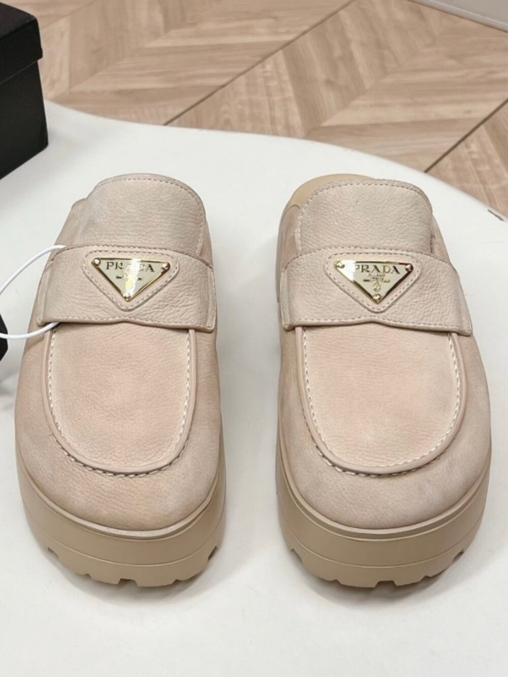 Prada Chunky Lug Sole Beige Suede Mule Clogs Slip On Platform Slides